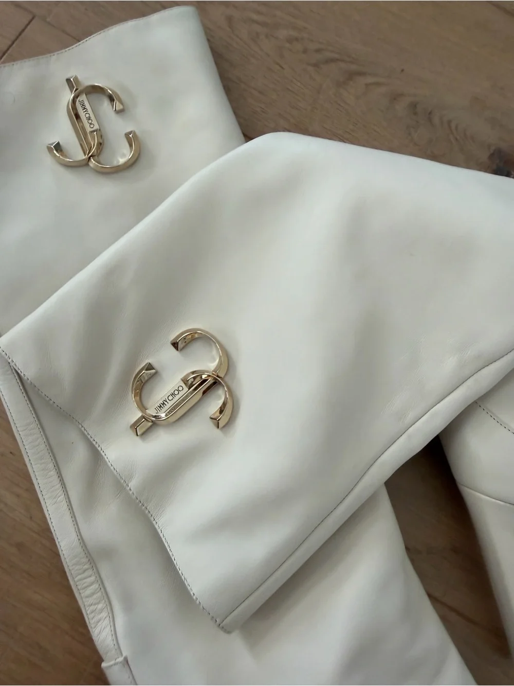 Jimmy Choo Cream Over-the-Knee Leather Boots with Gold JC Logo